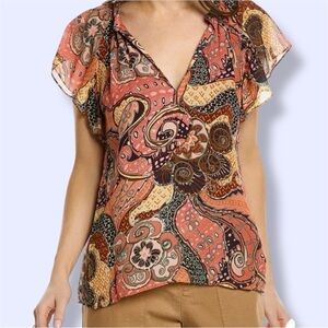ALC “June” Silk Flutter Sleeve Blouse V-Neck Retro Paisley Floral Pattern size 8